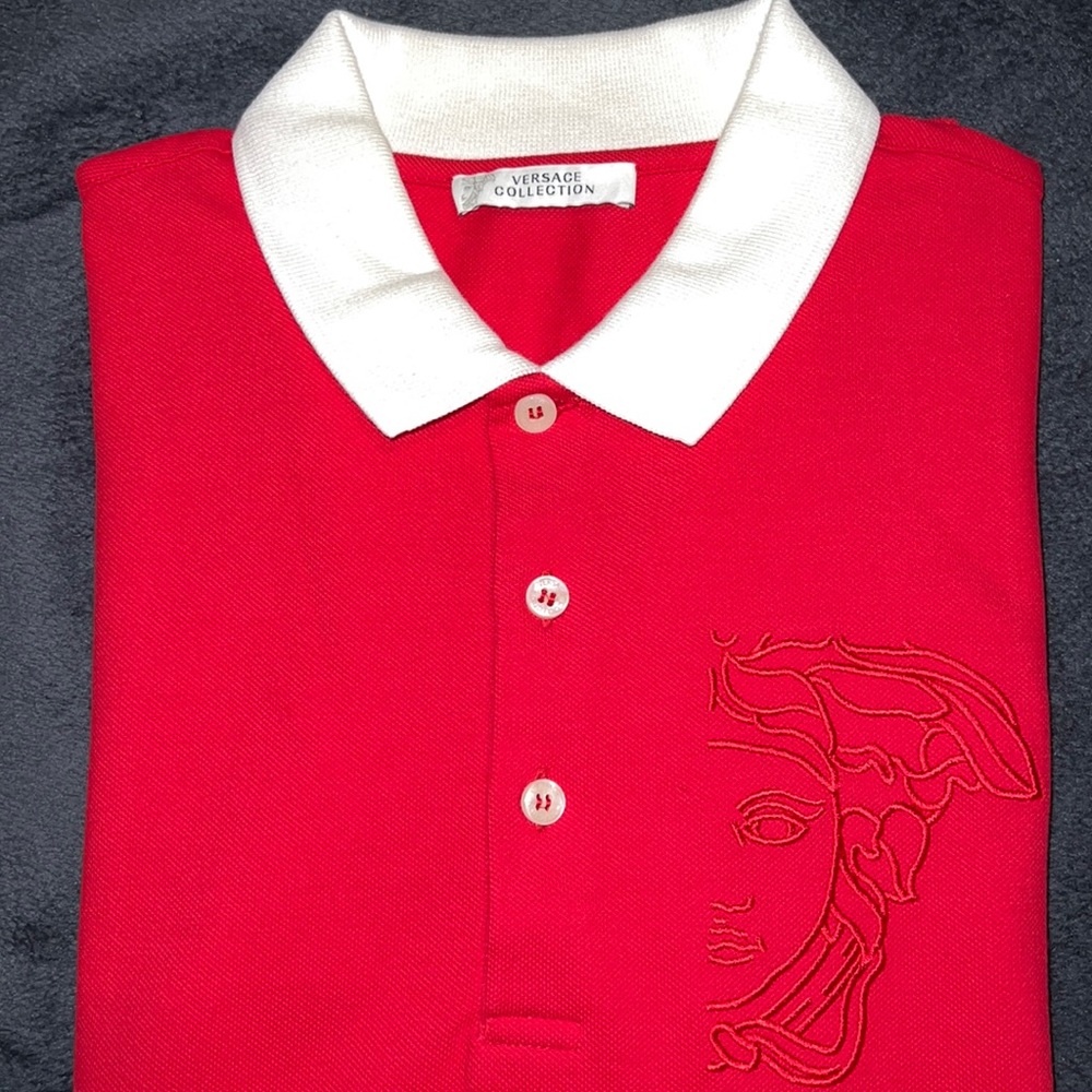 Versace Collection Red Polo w/ White Collar & Arm Detail. Size Small. NEVER WORN